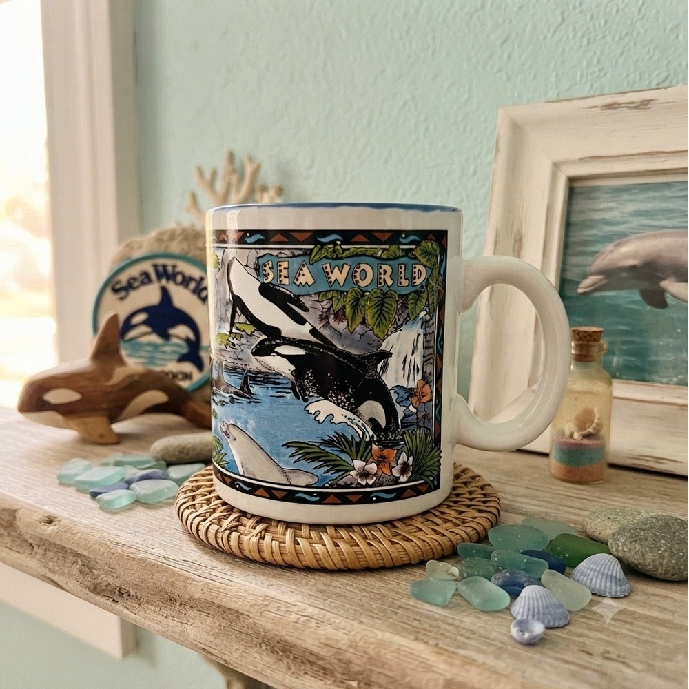 Vintage SeaWorld Orca Dolphin Coffee Mug Blue White Ceramic Marine Life Souvenir